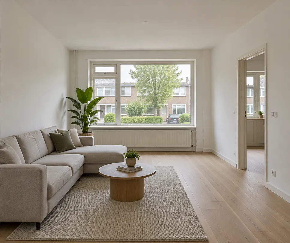 Dezelfde woonkamer met strak afgewerkte wanden als sfeerimpressie