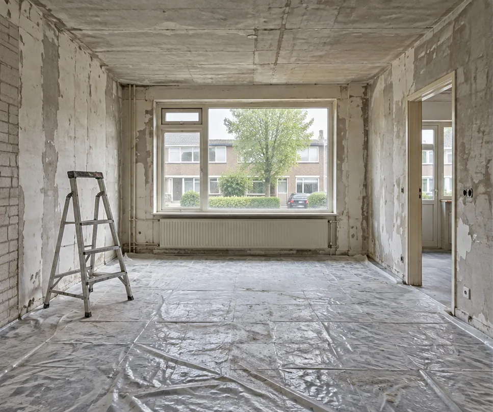 Woonkamer met ruw stucwerk voor de afwerking als sfeerimpressie
